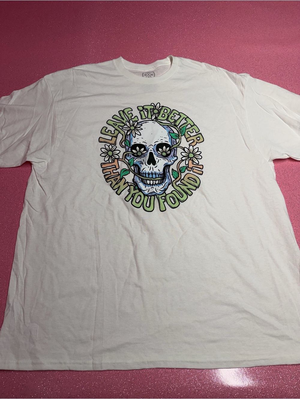 Dominique White Graphic Skull Tee with Green and Blue Accents